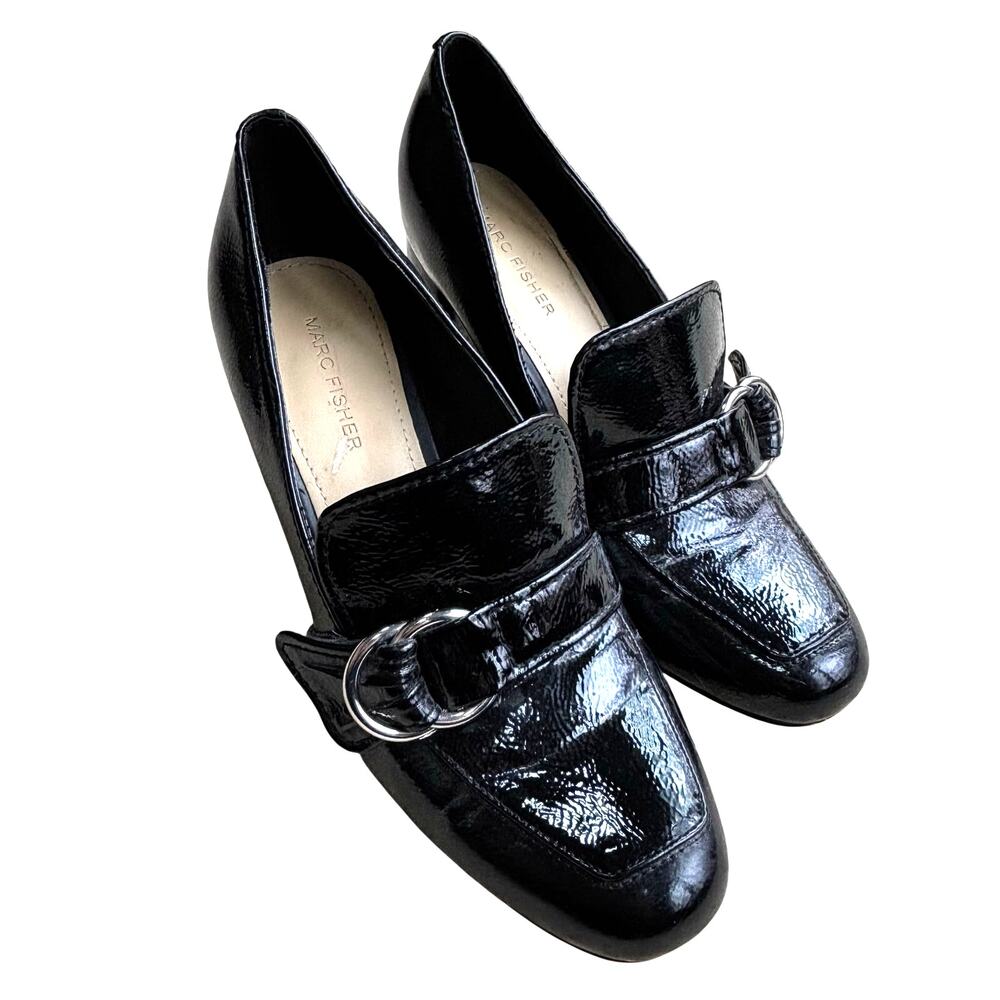 Marc Fisher US 8M high heel pumps black patent faux leather & mod silver buckle
